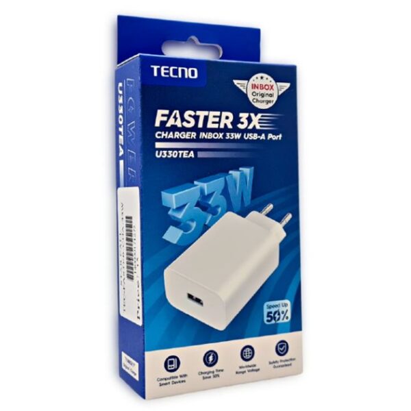 Boitier Tecno Faster 3x - U330TEA - 33 Watts - offre une expérience de charge ultra rapide à tous les téléphones mobiles