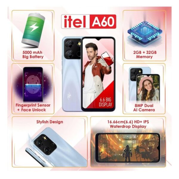 Itel A60 - 32 Go/2Go RAM - 6.6" - 2 Nano SIM - 8MP+0.8 MP/5MP - 5000mAh - Empreinte digitale -  12 Mois Garantie – Image 4