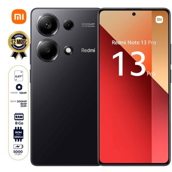 Xiaomi Redmi Note 13 Pro 4G - 256 Go - 16Go - 6.67" - 2 Nano SIM - 200MP+8MP+2MP/16MP - 5000mAh - Garantie  1an 6mois